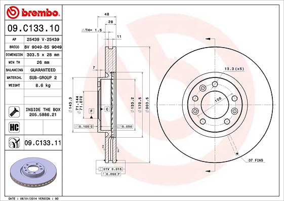 Brembo 1x Bremsscheibe Vorderachse belüftet [Hersteller-Nr. 09.C133.11] für Peugeot, Citroën, Toyota, Ds, Vauxhall, Opel