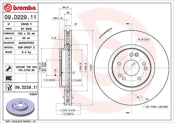 Brembo 1x Bremsscheibe belüftet vorne rechts [Hersteller-Nr. 09.D229.11] für Mercedes-Benz