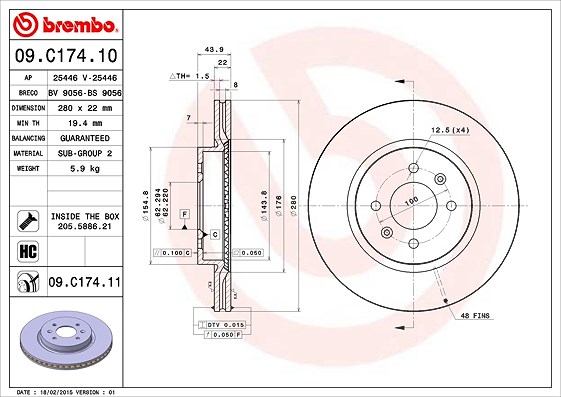 Brembo Bremsscheibe Vorderachse Belüftet [Hersteller-Nr. 09.C174.11] für Kia, Hyundai