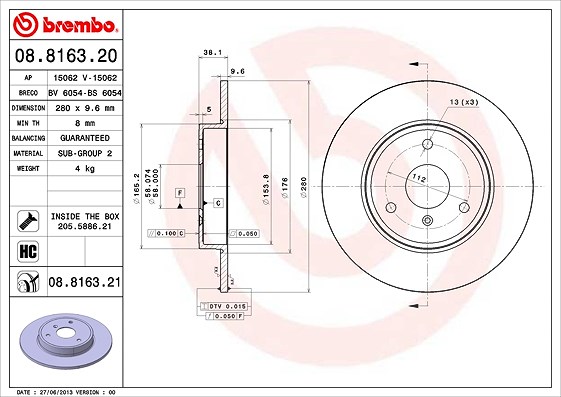 Brembo Bremsscheibe [Hersteller-Nr. 08.8163.21] für Smart