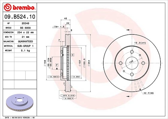 Brembo Bremsscheibe [Hersteller-Nr. 09.B524.10] für Subaru, Daihatsu
