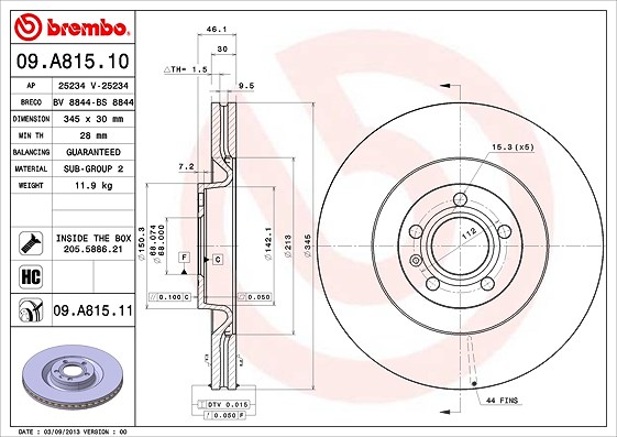 Brembo 1x Bremsscheibe [Hersteller-Nr. 09.A815.11] für Audi