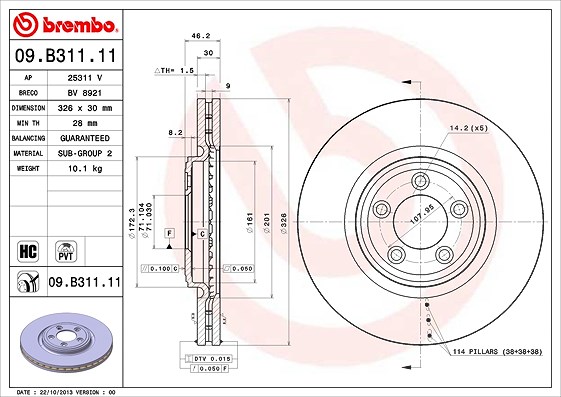 Brembo 1x Bremsscheibe Vorderachse Belüftet [Hersteller-Nr. 09.B311.11] für Jaguar, Daimler