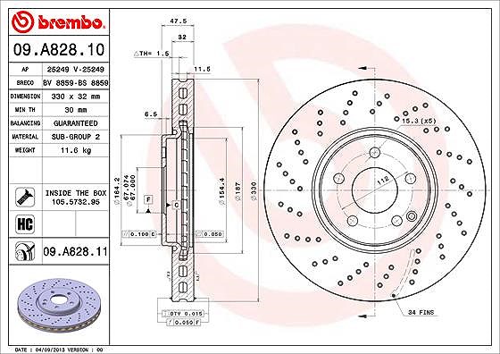 Brembo 1x Bremsscheibe [Hersteller-Nr. 09.A828.11] für Mercedes-Benz
