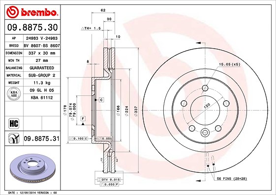 Brembo 1x Bremsscheibe [Hersteller-Nr. 09.8875.31] für Land Rover