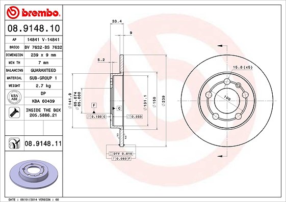 Brembo Bremsscheibe Hinterachse Voll [Hersteller-Nr. 08.9148.11] für Audi, VW, Skoda