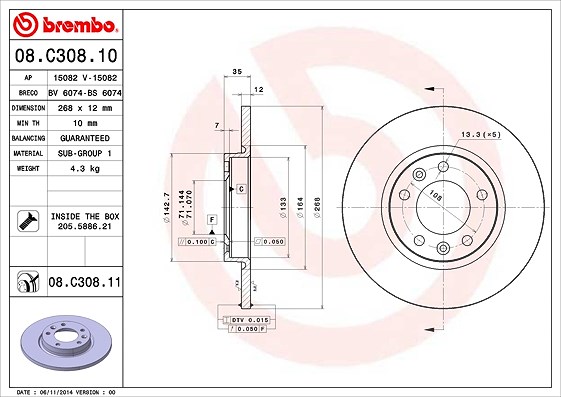 Brembo Bremsscheibe Hinterachse Voll [Hersteller-Nr. 08.C308.11] für Ds, Toyota, Vauxhall, Peugeot, Citroën, Opel