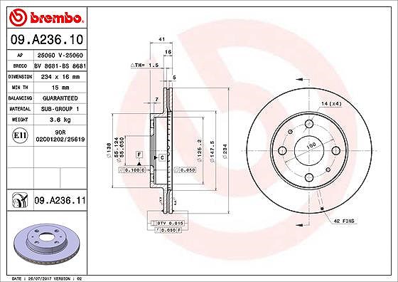 Brembo Bremsscheibe [Hersteller-Nr. 09.A236.11] für Daihatsu, Subaru, Perodua