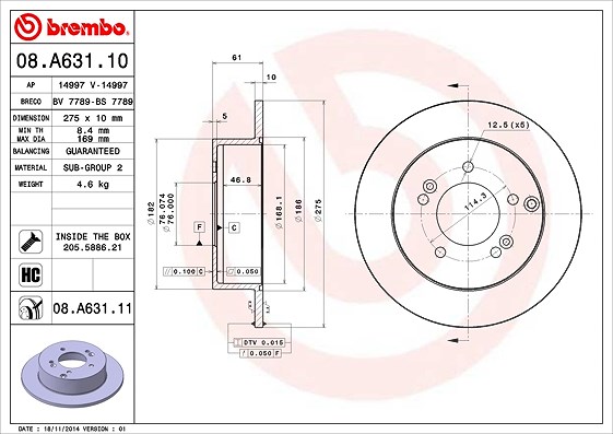 Brembo Bremsscheibe [Hersteller-Nr. 08.A631.11] für Kia