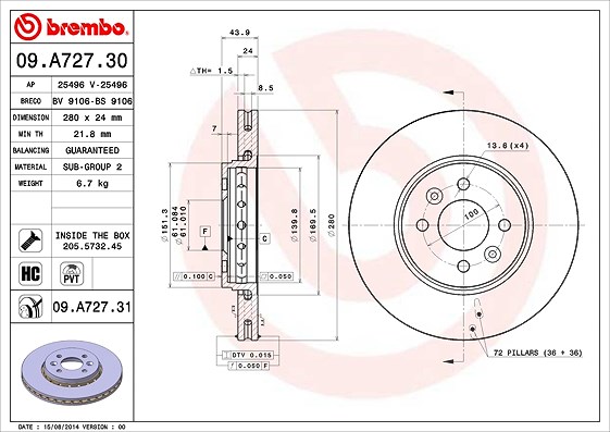 Brembo Bremsscheibe [Hersteller-Nr. 09.A727.31] für Dacia, Renault