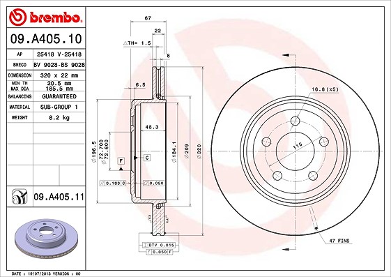 Brembo Bremsscheibe [Hersteller-Nr. 09.A405.11] für Lancia, Chrysler, Dodge