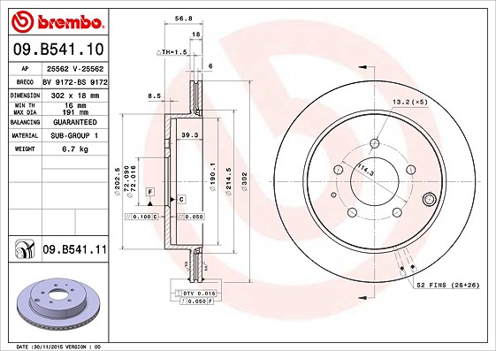 Brembo Bremsscheibe [Hersteller-Nr. 09.B541.11] für Lincoln, Ford Usa, Mazda