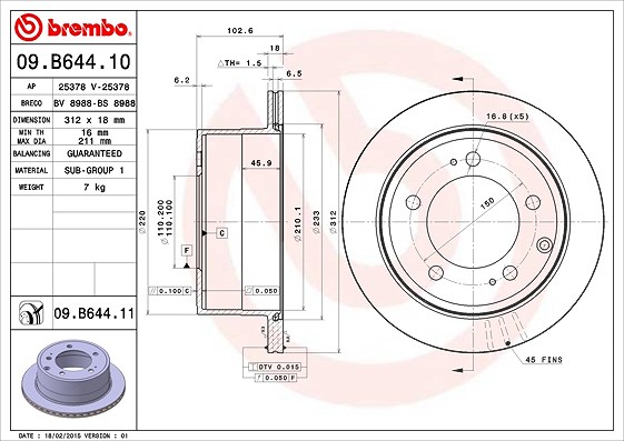 Brembo 1x Bremsscheibe [Hersteller-Nr. 09.B644.11] für Toyota