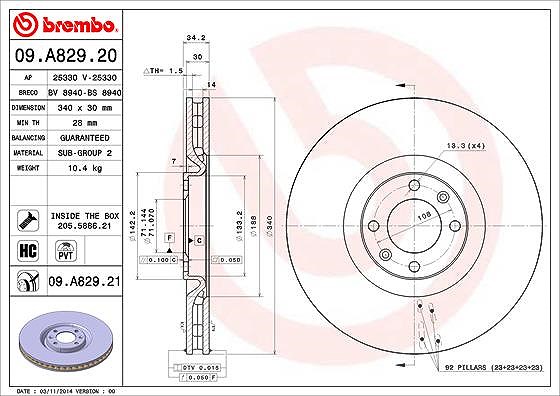 Brembo 1x Bremsscheibe Vorderachse Belüftet [Hersteller-Nr. 09.A829.21] für Peugeot, Ds (capsa), Ds, Citroën