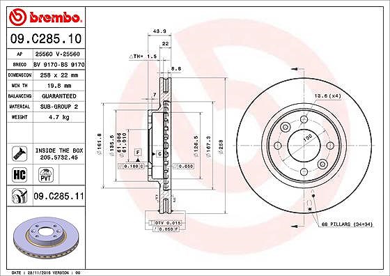 Brembo Bremsscheibe Vorderachse Belüftet [Hersteller-Nr. 09.C285.11] für Smart, Dacia, Renault
