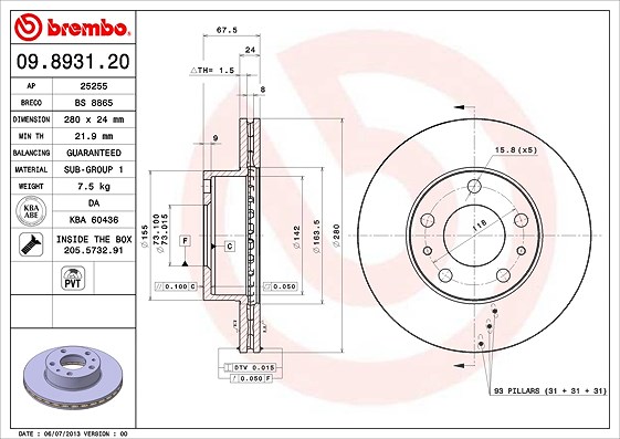 Brembo Bremsscheibe [Hersteller-Nr. 09.8931.21] für Citroën, Fiat, Peugeot