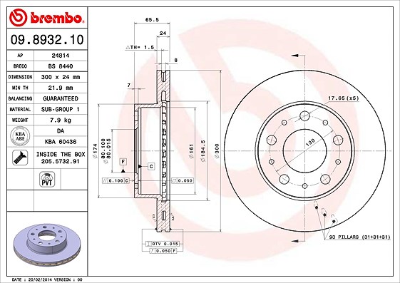 Brembo Bremsscheibe [Hersteller-Nr. 09.8932.10] für Citroën, Fiat, Peugeot