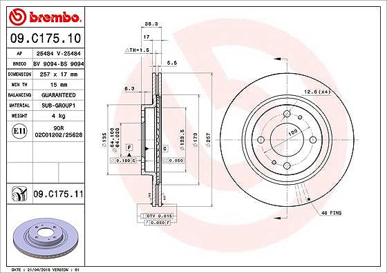 Brembo Bremsscheibe [Hersteller-Nr. 09.C175.11] für Peugeot, Mitsubishi, Citroën
