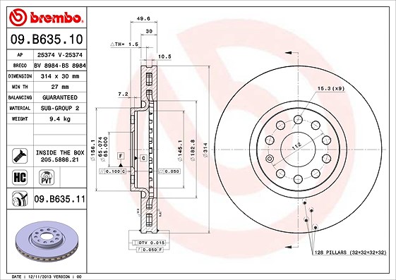 Brembo 1x Bremsscheibe [Hersteller-Nr. 09.B635.11] für VW, Seat, Skoda