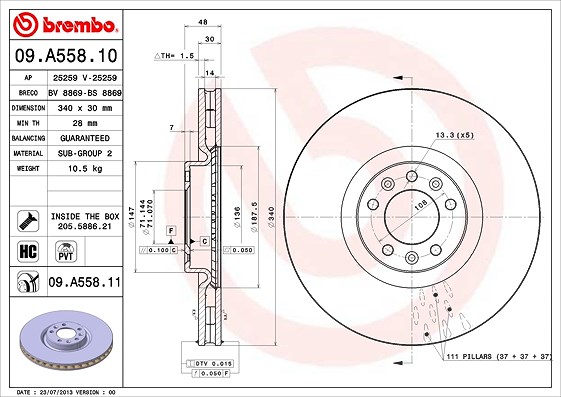 Brembo 1x Bremsscheibe [Hersteller-Nr. 09.A558.11] für Citroën, Peugeot, Peugeot (df-psa)