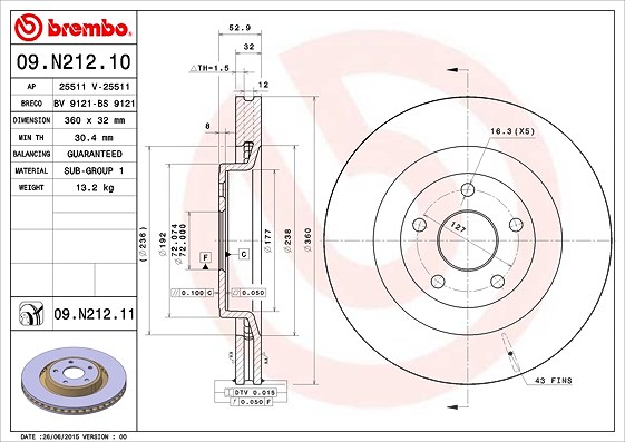 Brembo 1x Bremsscheibe [Hersteller-Nr. 09.N212.11] für Jeep