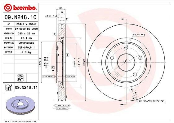 Brembo 1x Bremsscheibe [Hersteller-Nr. 09.N248.11] für Chrysler, Lancia, VW, Fiat, Dodge