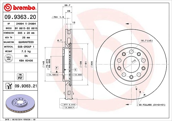 Brembo Bremsscheibe [Hersteller-Nr. 09.9363.21] für Alfa Romeo, Chrysler, Jeep