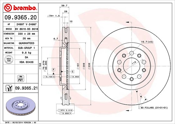 Brembo 1x Bremsscheibe [Hersteller-Nr. 09.9365.21] für Alfa Romeo
