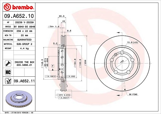 Brembo Bremsscheibe [Hersteller-Nr. 09.A652.11] für Audi, VW, Seat, Skoda