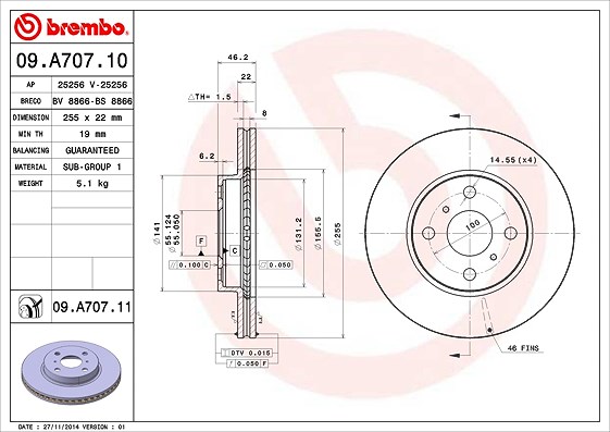 Brembo Bremsscheibe [Hersteller-Nr. 09.A707.11] für Toyota, Perodua