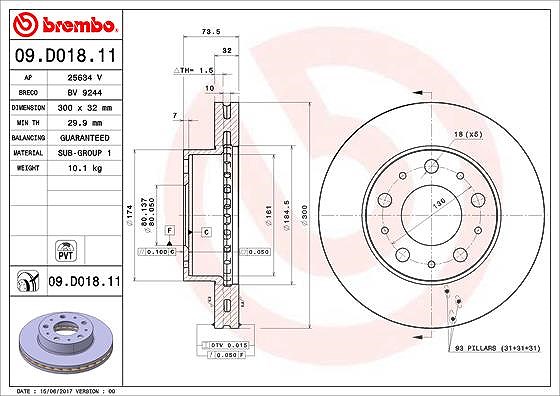 Brembo 1x Bremsscheibe [Hersteller-Nr. 09.D018.11] für Opel, Peugeot, Vauxhall, Fiat, Citroën