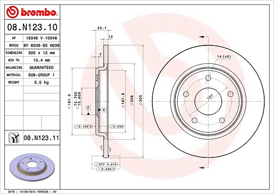 Brembo Bremsscheibe Hinterachse Voll [Hersteller-Nr. 08.N123.11] für Dodge, Fiat, Chrysler