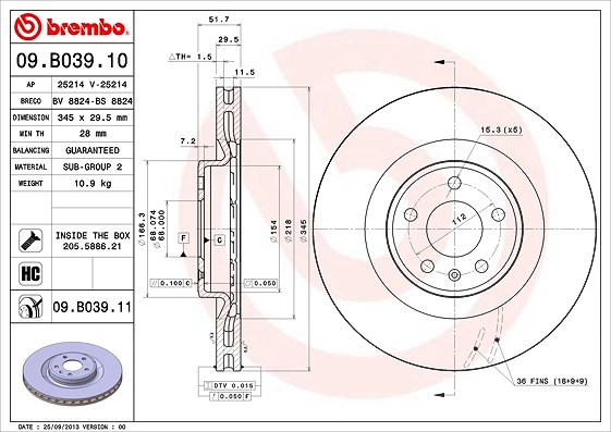 Brembo 1x Bremsscheibe [Hersteller-Nr. 09.B039.11] für Audi