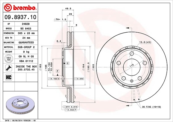 Brembo 1x Bremsscheibe [Hersteller-Nr. 09.8937.11] für Vauxhall, Opel, Renault, Nissan