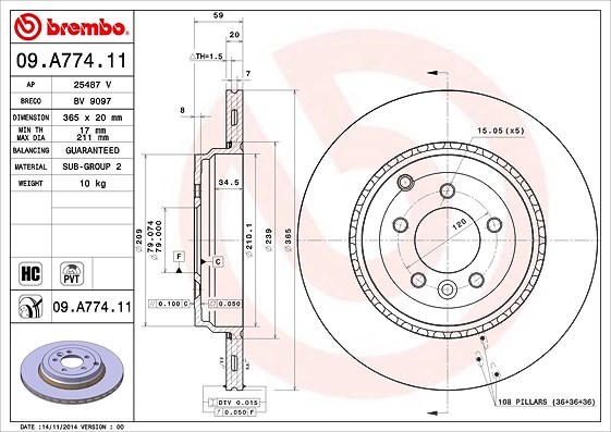 Brembo 1x Bremsscheibe [Hersteller-Nr. 09.A774.11] für Land Rover