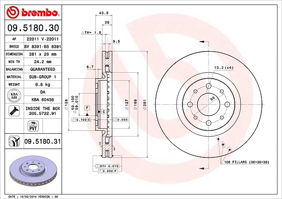 Brembo Bremsscheibe [Hersteller-Nr. 09.5180.31] für Alfa Romeo, Fiat, Abarth, Chrysler, Lancia