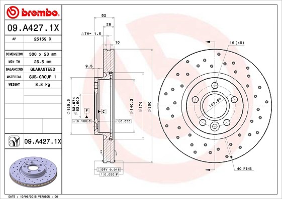 Brembo Bremsscheibe Vorderachse Belüftet [Hersteller-Nr. 09.A427.1X] für Volvo, Land Rover, Ford