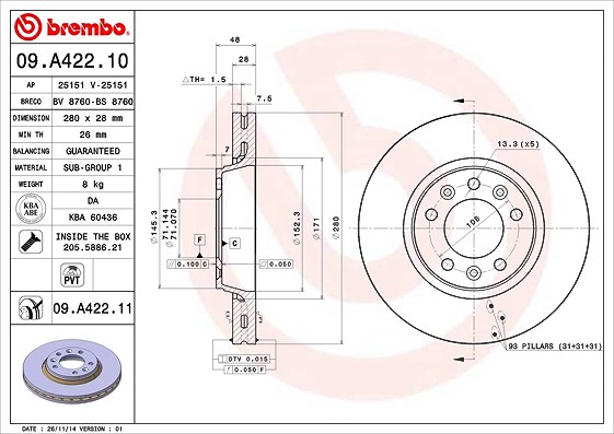 Brembo Bremsscheibe [Hersteller-Nr. 09.A422.11] für Fiat, Citroën, Peugeot, Toyota