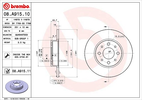 Brembo Bremsscheibe Hinterachse Voll [Hersteller-Nr. 08.A915.11] für Alfa Romeo