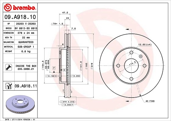 Brembo Bremsscheibe [Hersteller-Nr. 09.A918.11] für Daewoo, Chevrolet