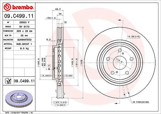 Brembo 1x Bremsscheibe [Hersteller-Nr. 09.C499.11] für Toyota, Lexus