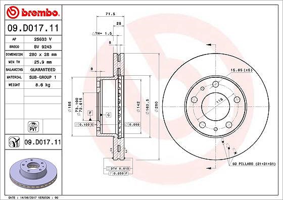 Brembo Bremsscheibe [Hersteller-Nr. 09.D017.11] für Vauxhall, Citroën, Opel, Fiat, Peugeot