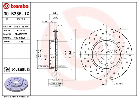 Brembo Bremsscheibe [Hersteller-Nr. 09.B355.1X] für Vauxhall, Opel, Chevrolet