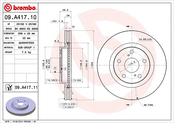 Brembo Bremsscheibe Vorderachse Belüftet [Hersteller-Nr. 09.A417.11] für Toyota, Lexus