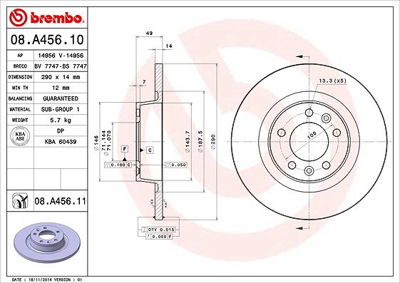 Brembo Bremsscheibe [Hersteller-Nr. 08.A456.11] für Peugeot, Citroën, Toyota, Fiat