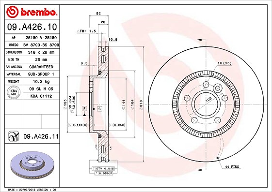 Brembo 1x Bremsscheibe Vorderachse Belüftet [Hersteller-Nr. 09.A426.11] für Volvo, Ford, Land Rover