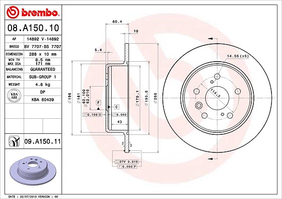 Brembo Bremsscheibe [Hersteller-Nr. 08.A150.11] für Toyota, Lexus
