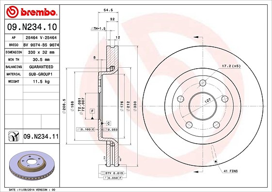 Brembo 1x Bremsscheibe [Hersteller-Nr. 09.N234.11] für Jeep, Dodge