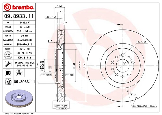 Brembo Bremsscheibe [Hersteller-Nr. 09.8933.11] für Alfa Romeo