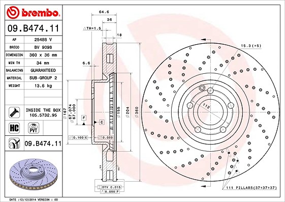 Brembo 1x Bremsscheibe [Hersteller-Nr. 09.B474.11] für Mercedes-Benz